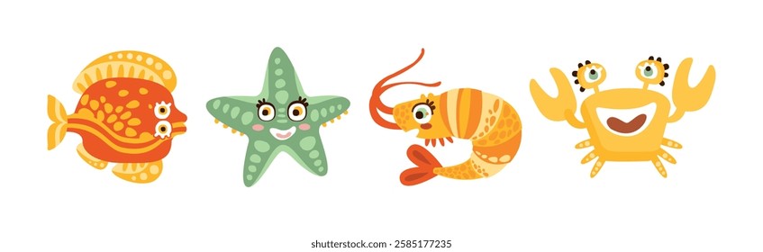 Sea Mammal and Underwater Cute Animal Swim in Ocean Vector Set