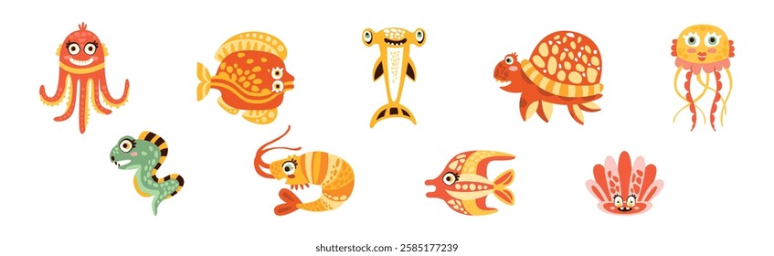 Sea Mammal and Underwater Cute Animal Swim in Ocean Vector Set