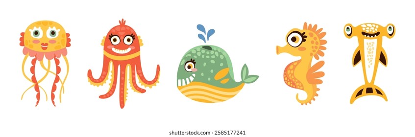 Sea Mammal and Underwater Cute Animal Swim in Ocean Vector Set