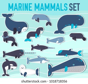 Sea mammals animal collection icons set. Vector fish illustration in ocean life background. Marine exotic creature flat sticker design