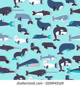 Sea mammals animal collection icons set. Vector fish illustration in ocean life background. Marine exotic creature flat sticker design.