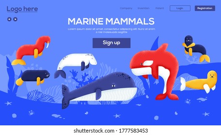 Sea mammals animal collection icons set flyer, magazines, poster, book cover, banners. invitation cards concept background. Grain texture and noise effect.