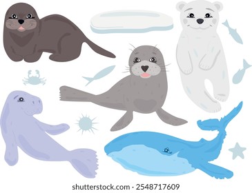 Sea mammals set. Cute smiling animals, otter, bear, seal, sirenia, whale. Fish, crabs, star, sea urchin, ice.  Vector hand drawn illustration.