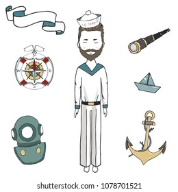 Sea man, captain men, clip art vector ancor spyglass ribbon ship young sailor drawing illustration for celebration the bearded captain the bearded sailor on white background