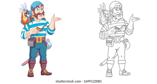 Sea man or pirate with a parrot on his shoulder. Coloring page and colorful clipart character. Cartoon design for t shirt print, icon, logo, label, patch or sticker. Vector illustration.