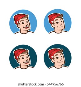 Sea man in red hat smiling Flat Vector Illustration, Character man face. Set of avatars. Hipster, Ship boy, crewman sailor young deckhand boy, character icon, captain, sailor  