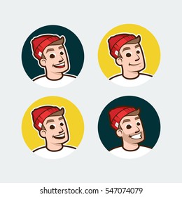 Sea man in red hat smiling Flat Vector Illustration, Character man face. Set of avatars. Hipster, Ship boy , crewman sailor young deckhand boy, character icon, captain, sailor, logo template