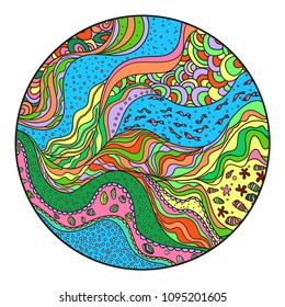 Sea mandala. Bright nautical background. Circle pattern with lines and waves. Line art creation. Zentangle. Coloring book. Zen art. Design for spiritual relaxation for adults