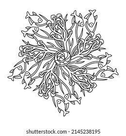 Sea mandala, coloring book for adult. Stylized algae and fish. Pentagonal Hand-drawn Vector Illustration