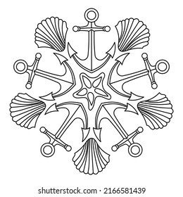 Sea mandala Coloring page. Anti stress coloring book for adult and children . Monochrome Vector illustration.