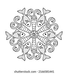 Sea mandala Coloring page. Anti stress coloring book for adult and children . Monochrome Vector illustration.