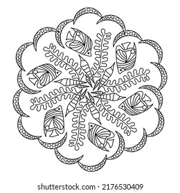 Sea mandala Coloring page. Anti stress coloring book for adult and children . Monochrome Vector illustration.