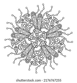 Sea mandala Coloring page. Anti stress coloring book for adult and children . Monochrome Vector illustration.