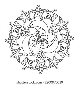 Sea mandala Coloring page. Anti stress coloring book for adult and children . Monochrome Vector illustration.