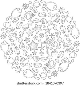 Sea mandala with fish and starfish black and white vector illustration