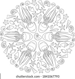 Sea mandala with shells and jellyfish vector illustration