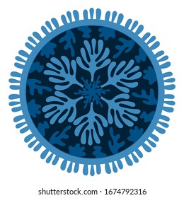 Mar Mandala. Corales estilizados y algas, estrellas. Ilustración abstracta dibujada a mano aislada en un fondo blanco. Doodles dibujados a mano para tu diseño. Azul y blanco. Ilustración vectorial.