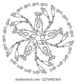 Sea mandala Underwater coloring book for children and adult . Coloring page. Anti stress Monochrome Vector illustration.