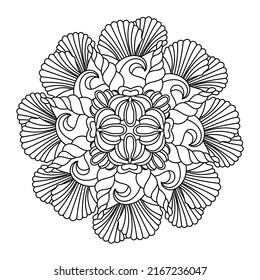 Sea Mandala with Waves and seashells . Coloring book for adult and older children. Decorative mandala with marine elements. Abstract hand drawn vector illustration isolated on a white background.