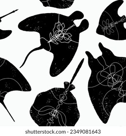 Sea manta rays in linocut style, textural elements. Vector seamless pattern	
