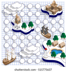 Sea map on a sheet in a cage. Vector design for app game user interface. Isometric.