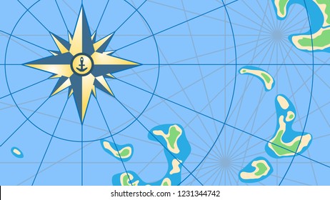 Sea map wich strange islands and wind rose, blue and green colors