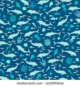 Sea marina pattern; silhuette of dolphins, seashells, seaweeds, fishes, seastars, corals. Template for textile, wallpaper. Vector sealife seamless pattern.