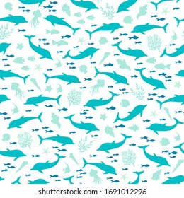 Sea marina pattern; silhuette of dolphins, seashells, seaweeds, fishes, seastars, corals. Template for textile, wallpaper. Vector sealife seamless pattern.