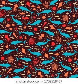 Sea marina pattern; silhuette of dolphins, seashells, seaweeds, fishes, seastars, corals. Template for textile, wallpaper. Vector sealife seamless pattern.