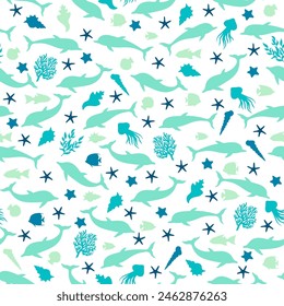 Sea marina pattern; silhuette of dolphins, seashells, seaweeds, fishes, seastars, corals. Template for textile, wallpaper. Vector sealife seamless pattern.