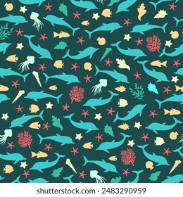 Sea marina pattern; silhuette of dolphins, seashells, seaweeds, fishes, seastars, corals. Template for textile, wallpaper. Vector sealife seamless pattern.