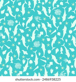 Sea marina pattern; silhuette of dolphins, seashells, seaweeds, fishes, seastars, corals. Template for textile, wallpaper. Vector sealife seamless pattern.