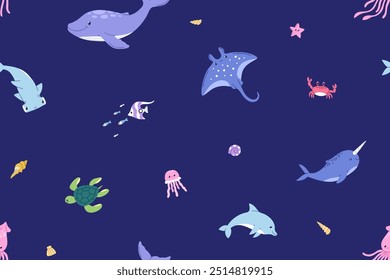 Animais marinhos, padrão sem emenda. Fauna submarina oceânica, fundo infinito. Impressão submarina com peixes para o tecido, têxtil, papel de parede e design de embalagem. Ilustração de vetor plano colorido para crianças