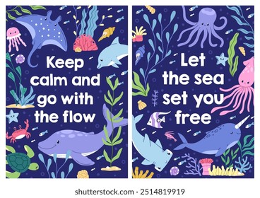 Cartões marinhos com animais subaquáticos bonitos e frase. Peixes marinhos, animais kawaii, design de pôsteres. Natureza submarina, cartões postais com citação motivacional. Ilustrações de vetor planas para crianças