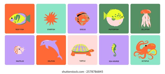 Sea marine cards with cute underwater animals. Ocean fishes, kawaii animals, poster design. Sealife postcards. Kids flat vector illustrations.