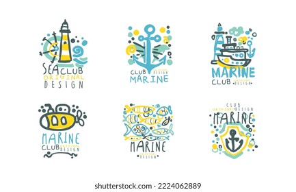 Sea and Marine Club Label Design with Lighthouse, Sailing Yacht and Anchor Vector Set