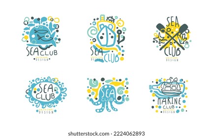 Sea and Marine Club Label Design with Octopus, Oar and Sailing Yacht Vector Set