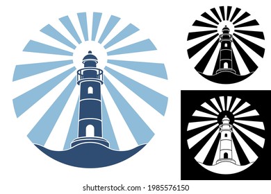 sea marine coastal lighthouse illuminates way. Safe and secure route selection in shipping area. Vector