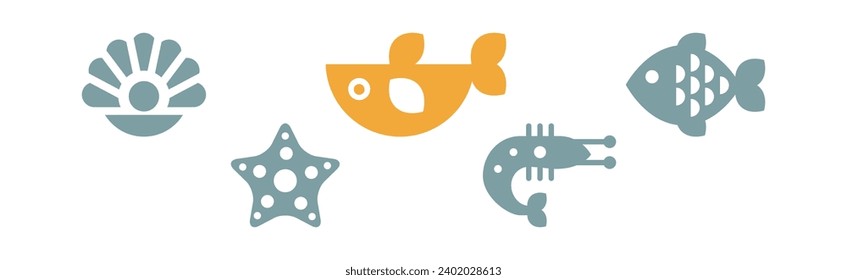 Sea and Marine Fauna Flat Icon and Pictogram Vector Set