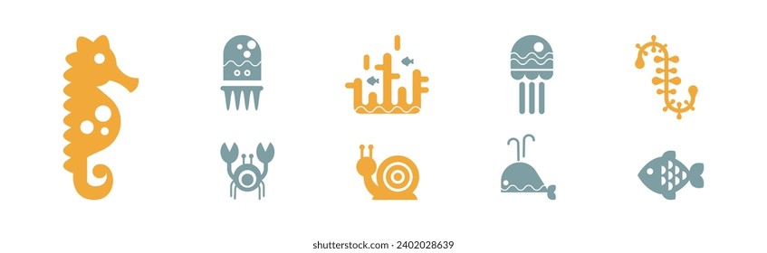 Sea and Marine Fauna Flat Icon and Pictogram Vector Set