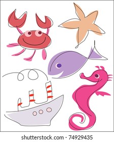 sea, marine life funny illustration in baby style