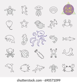 sea, marine life line icon set