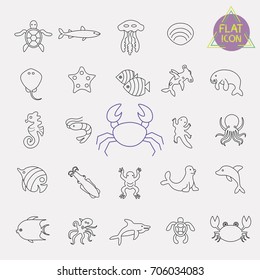 sea, marine life line icon set