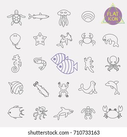 sea, marine life line icon set