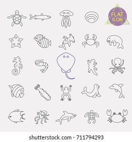 sea, marine life line icon set