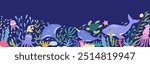 Sea marine life, underwater flora and fauna, banner. Cute ocean animals and plants panorama, seabed background. Happy under water sealife, seabed border with fishes. Childish flat vector illustration