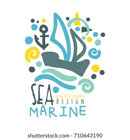 Sea, Marine logo design, summer travel and sport hand drawn colorful vector Illustration