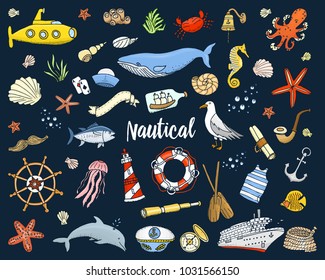 sea or marine and nautical life. Outline Summer time web icons set. engraved hand drawn in old sketch. dolphin and captain, anchor and ocean. doodle style