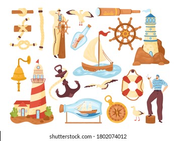 Colección de elementos marinos y oceánicos, conjunto de iconos de ilustraciones de vectores náuticos. Equipo de aventura marina. Capitán marinero, faro costero, barco de vela y ancla, brújula símbolos del mar.