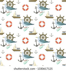 Sea marine samless pattern with anchors, ships and seagulls